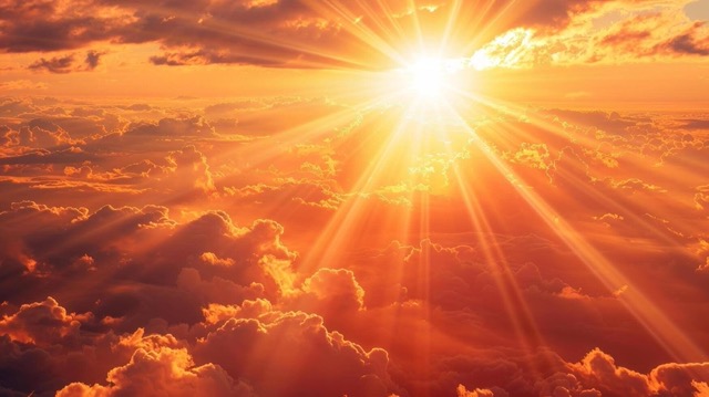 orange and red view of a bright sun above clouds